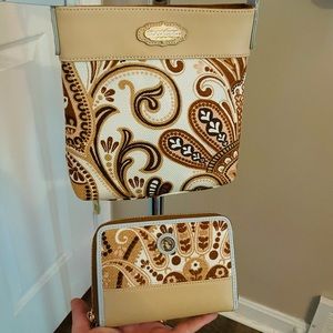 Spartina 449 Leather and Canvas Paisley Print Crossbody with Matching Zip Wallet